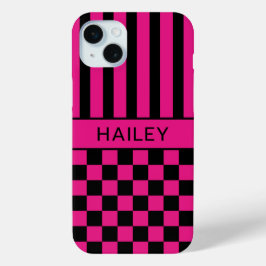 Heet Roze en Zwart Geruit Gestreept Gepersonalisee iPhone 15 Mini Hoesje