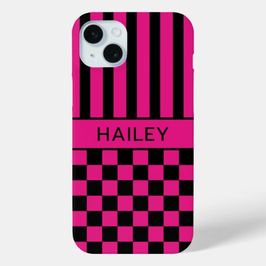 Heet Roze en Zwart Geruit Gestreept Gepersonalisee Case-Mate iPhone Case (Achterkant)
