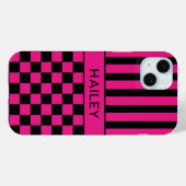 Heet Roze en Zwart Geruit Gestreept Gepersonalisee Case-Mate iPhone Case (Achterkant (horizontaal))