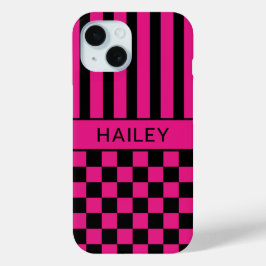 Heet Roze en Zwart Geruit Gestreept Gepersonalisee iPhone 15 Case