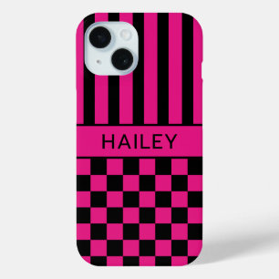 Heet Roze en Zwart Geruit Gestreept Gepersonalisee iPhone 15 Case