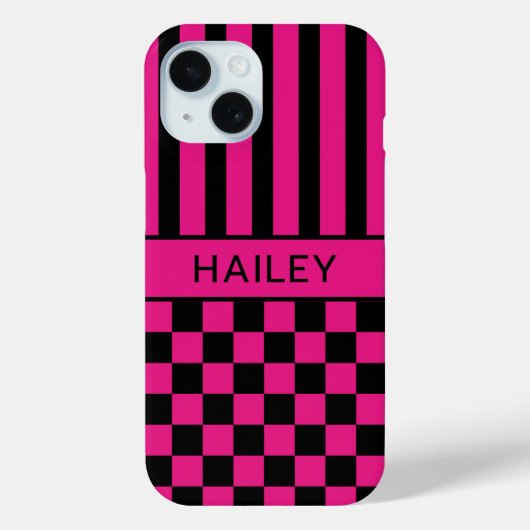 Heet Roze en Zwart Geruit Gestreept Gepersonalisee Case-Mate iPhone Case (Achterkant)