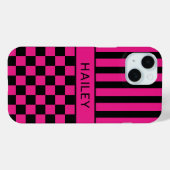Heet Roze en Zwart Geruit Gestreept Gepersonalisee Case-Mate iPhone Case (Achterkant (horizontaal))