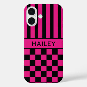 Heet Roze en Zwart Geruit Gestreept Gepersonalisee iPhone 16 Hoesje