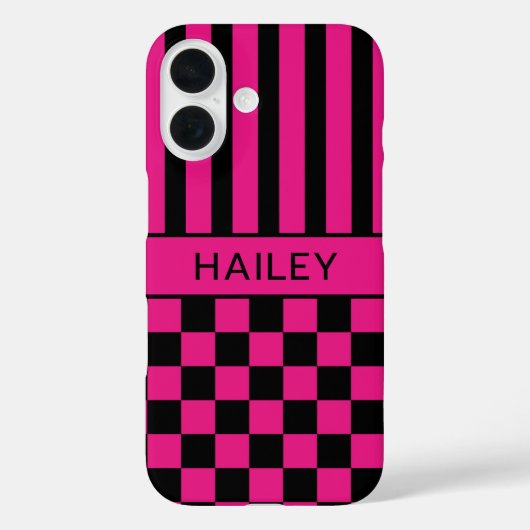 Heet Roze en Zwart Geruit Gestreept Gepersonalisee Case-Mate iPhone Case (Achterkant)