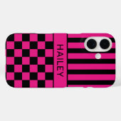 Heet Roze en Zwart Geruit Gestreept Gepersonalisee Case-Mate iPhone Case (Achterkant (horizontaal))