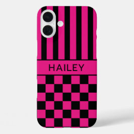 Heet roze en zwart geruit gestreepte gepersonalise iPhone 16 plus hoesje