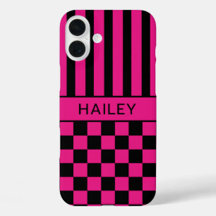Heet roze en zwart geruit gestreepte gepersonalise iPhone 16 plus hoesje