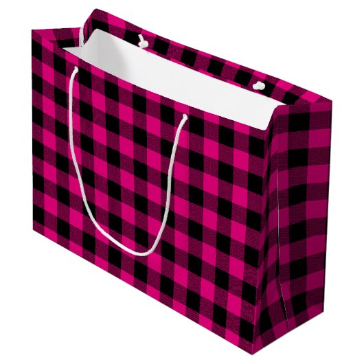 Heet roze en zwart geruit gingham groot cadeauzakje (Voorkant Gekanteld)