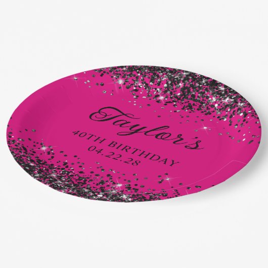 Heet Roze en Zwart Glitter 40e Verjaardag Papieren Bordje (Gekanteld)