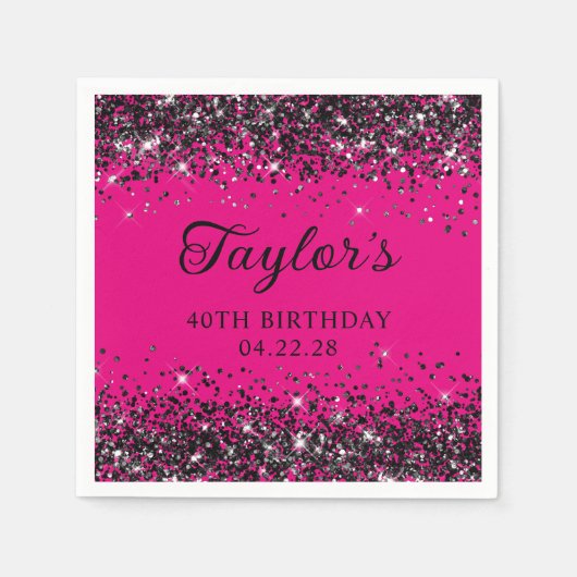 Heet Roze en Zwart Glitter 40e Verjaardag Servet (Voorkant)