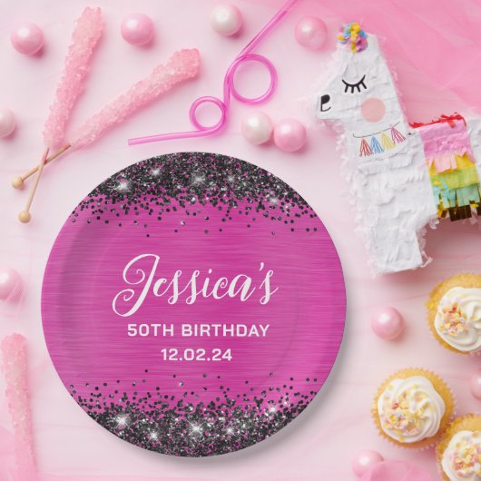 Heet Roze en Zwart Glitter 50ste Verjaardag Papieren Bordje (Feest)