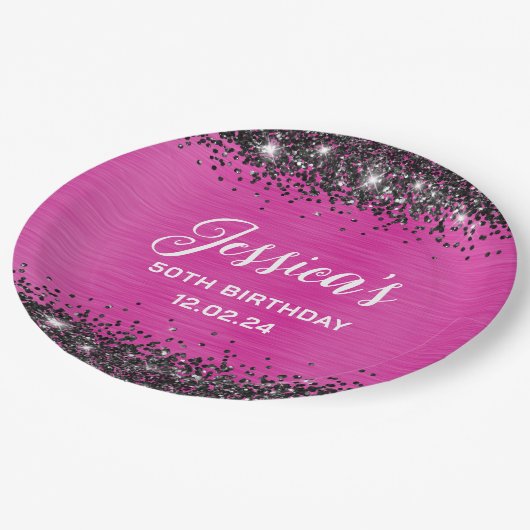 Heet Roze en Zwart Glitter 50ste Verjaardag Papieren Bordje (Gekanteld)