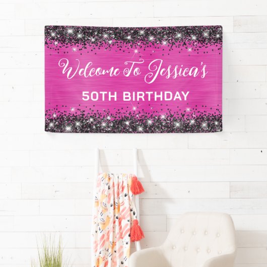 Heet Roze en Zwart Glitter 50ste Verjaardag Spandoek (Insitu)