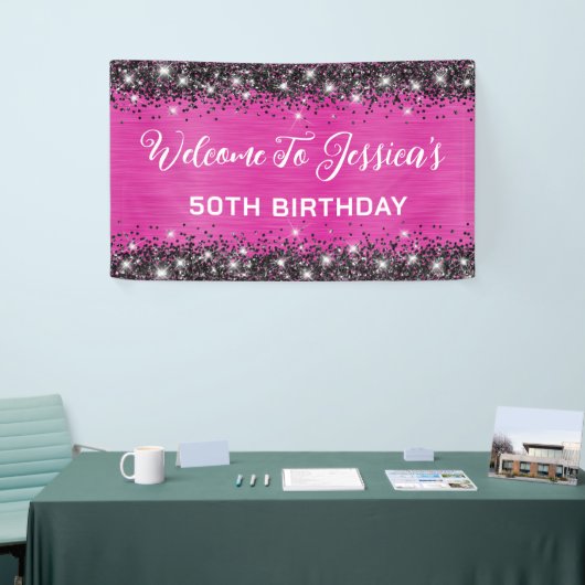 Heet Roze en Zwart Glitter 50ste Verjaardag Spandoek (Beurs)