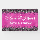 Heet Roze en Zwart Glitter 50ste Verjaardag Spandoek (Horizontaal)
