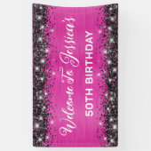 Heet Roze en Zwart Glitter 50ste Verjaardag Spandoek (Verticaal)