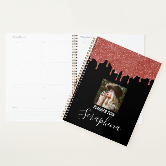 Heet Roze en Zwarte Aangepaste Foto Glitter Druppe Planner (Display)