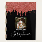 Heet Roze en Zwarte Aangepaste Foto Glitter Druppe Planner (Voorkant)