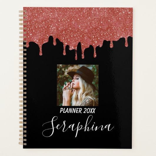Heet Roze en Zwarte Aangepaste Foto Glitter Druppe Planner (Voorkant)