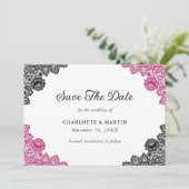 Heet roze en zwarte bloemenslak huwen save the date (Staand voorkant)
