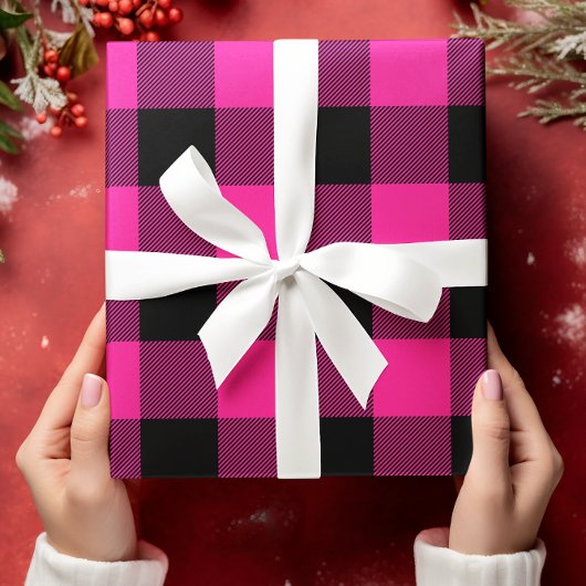 Heet roze en zwarte Buffalo geruite Kerstmis Inpakpapier Vel