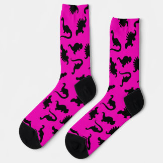 Heet roze en zwarte dinosaurus-silhouet sokken