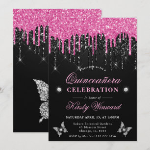 Heet roze en zwarte druipende glitter Quinceanera Kaart