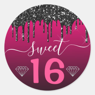 Heet roze en zwarte druipende glitter Sweet 16 Ronde Sticker