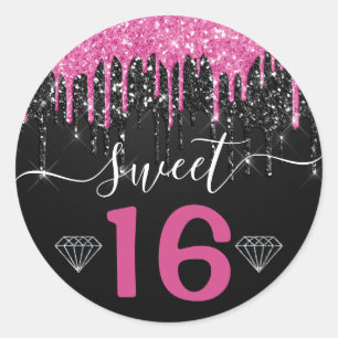 Heet roze en zwarte druipende glitter Sweet 16 Ronde Sticker