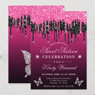 Heet roze en zwarte druipende glitters Zweet 16 Kaart
