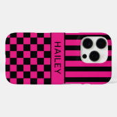 Heet Roze en Zwarte Geruite Gestreepte Gepersonali Case-Mate iPhone Case (Achterkant (horizontaal))