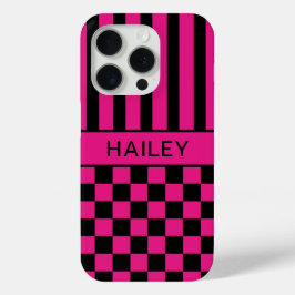 Heet Roze en Zwarte Geruite Gestreepte Gepersonali iPhone 15 Pro Case
