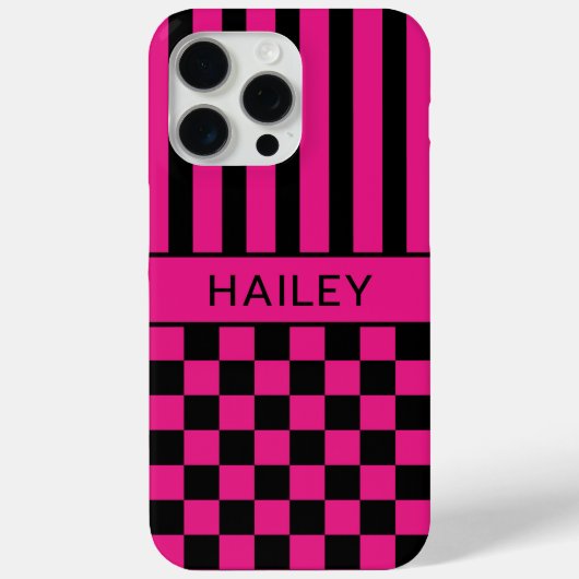 Heet Roze en Zwarte Geruite Gestreepte Persoonlijk Case-Mate iPhone Case (Achterkant)