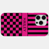 Heet Roze en Zwarte Geruite Gestreepte Persoonlijk Case-Mate iPhone Case (Achterkant (horizontaal))