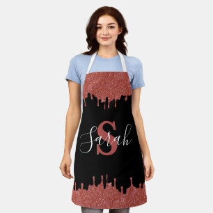 Heet roze en zwarte monogram glinsterende druppels schort