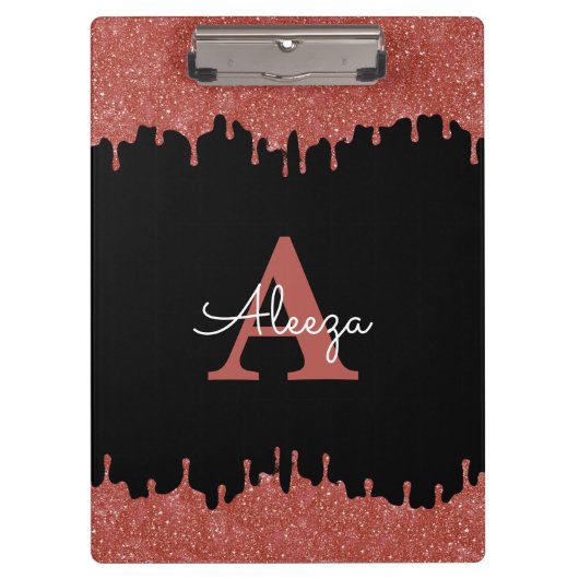 Heet Roze en Zwarte Monogram Glitter Drips Klembord (Voorkant)