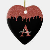 Heet Roze en Zwarte Monogram Glitter Druppels Keramisch Ornament (Rechts)