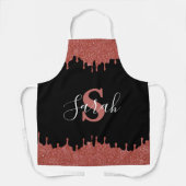 Heet Roze en Zwarte Monogram Glitter Druppels Schort (Voorkant)