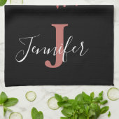 Heet Roze en Zwarte Monogram Glitter Druppels Theedoek (Gevouwen)