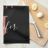 Heet Roze en Zwarte Monogram Glitter Druppels Theedoek (Quarter Fold)