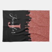 Heet Roze en Zwarte Monogram Glitter Druppels Theedoek (Horizontaal)