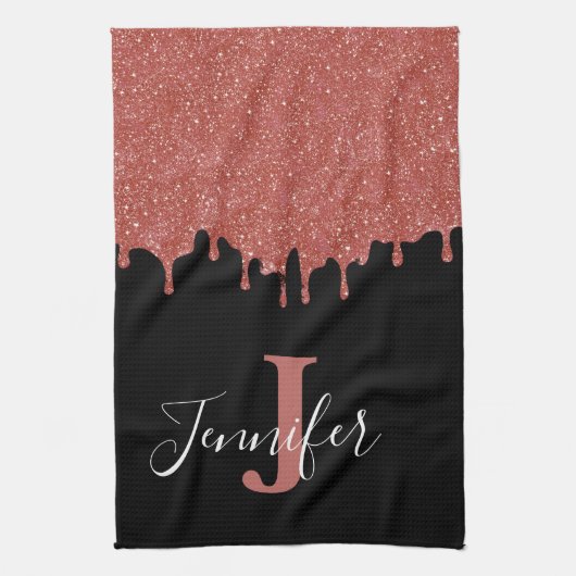 Heet Roze en Zwarte Monogram Glitter Druppels Theedoek (Verticaal)