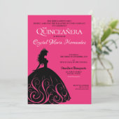 Heet roze en zwarte Quinceañera Kaart (Staand voorkant)