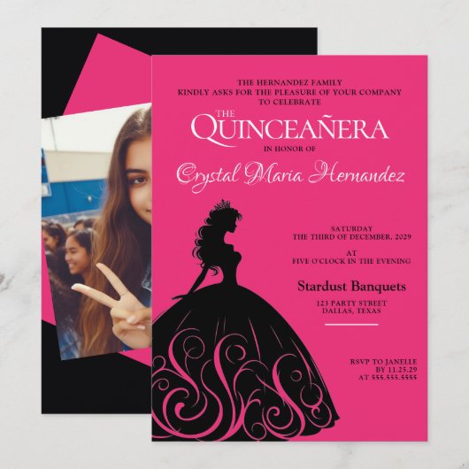 Heet roze en zwarte Quinceañera Kaart (Voorkant / Achterkant)