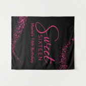 Heet roze en zwarte Sweet 16 achtergrond Wandkleed (Voorkant (horizontaal))