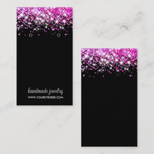 Heet Roze Faux Glitter Signature Oorbel Display Visitekaartje (Voorkant / Achterkant)