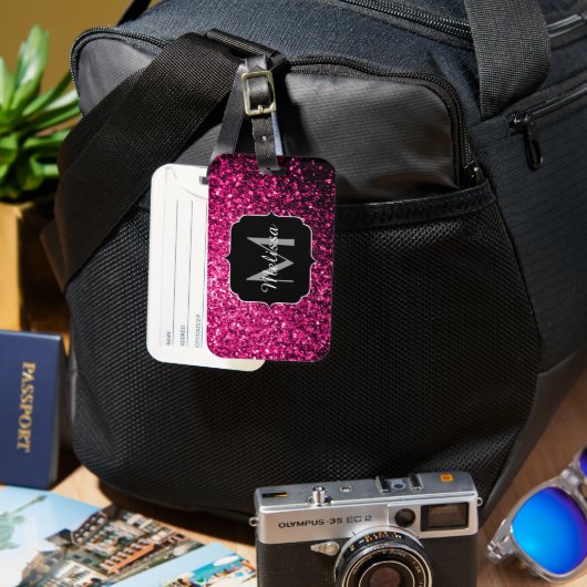 Heet roze faux glitter sparkles Monogram Bagagelabel (Voorkant & Achterkant)