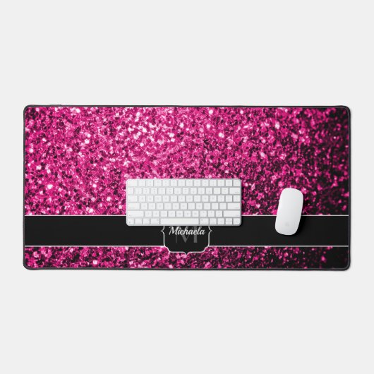 Heet roze faux glitter sparkles Monogram Bureaumat (Keyboard & Muis)