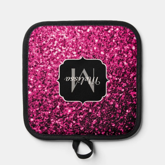 Heet roze faux glitter sparkles Monogram Pannenlap (Voorkant)